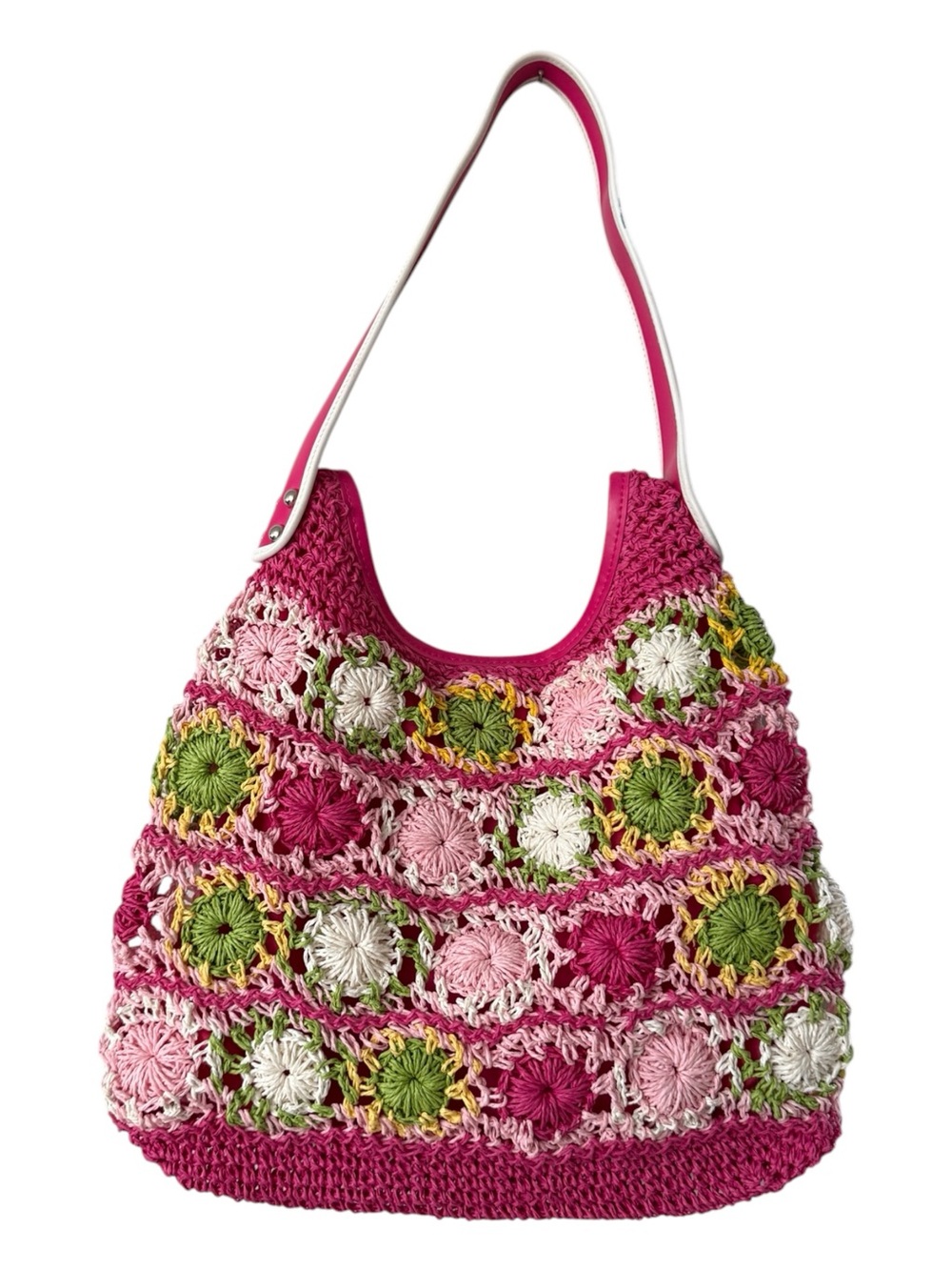 Pink Crochet Floral Shoulder Bag Straw Hobo Knit Cottagecore 14”x14”